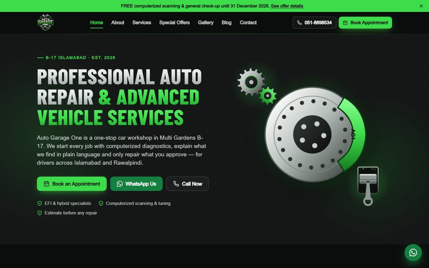 Auto Garage One website shown on a desktop screen