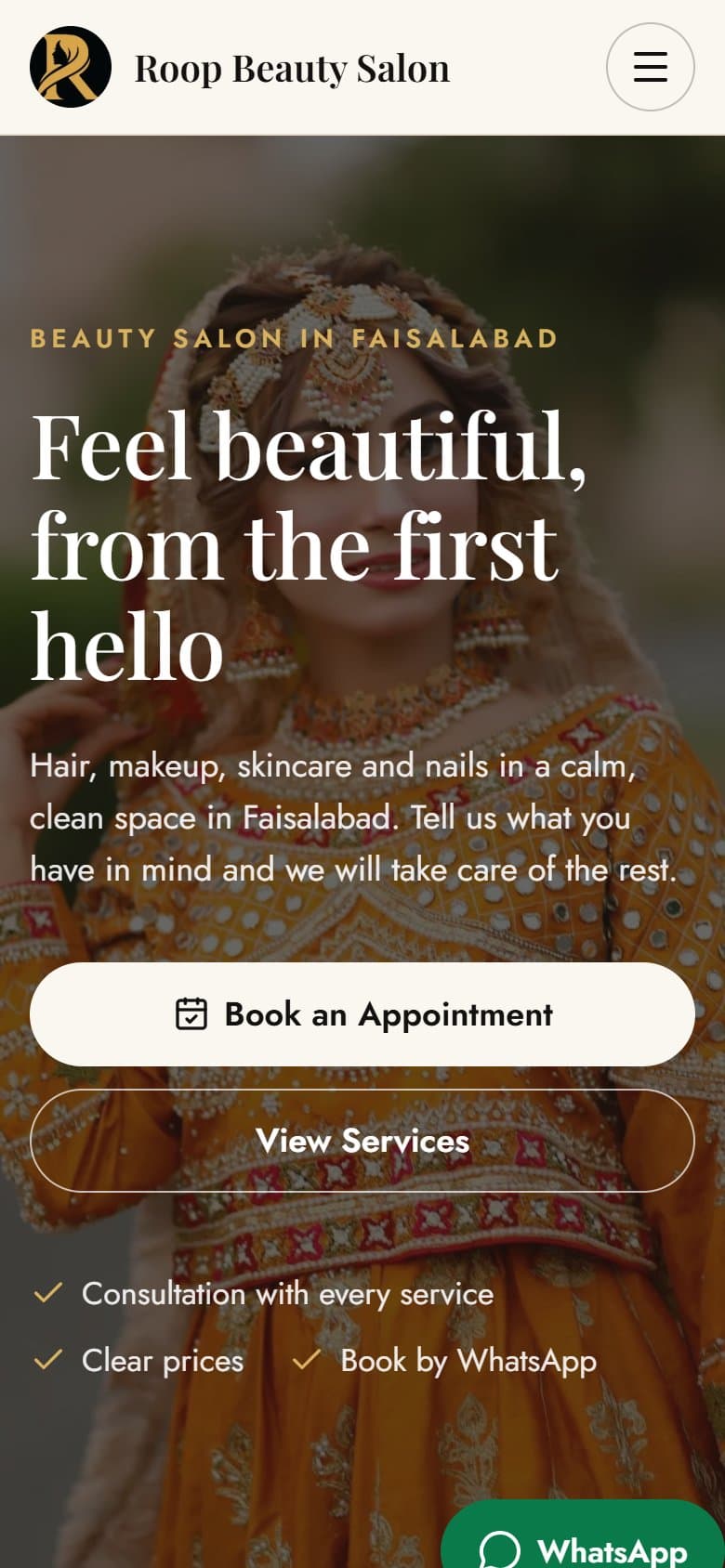 Roop Beauty Salon website shown on a mobile phone